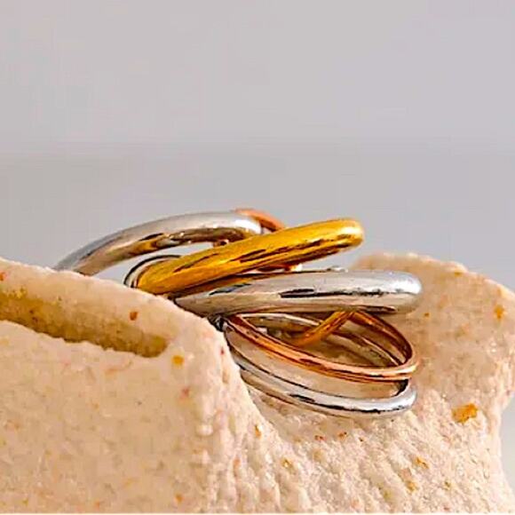 Stainless Steel Stackable Ring Set Connected Three Color Tri-Color Gold Plated - Picture 4 of 9